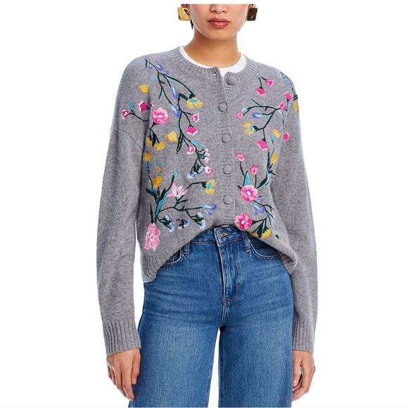 NWOT C by Bloomingdales 100% Cashmere Floral Cardigan - Picture 1 of 9